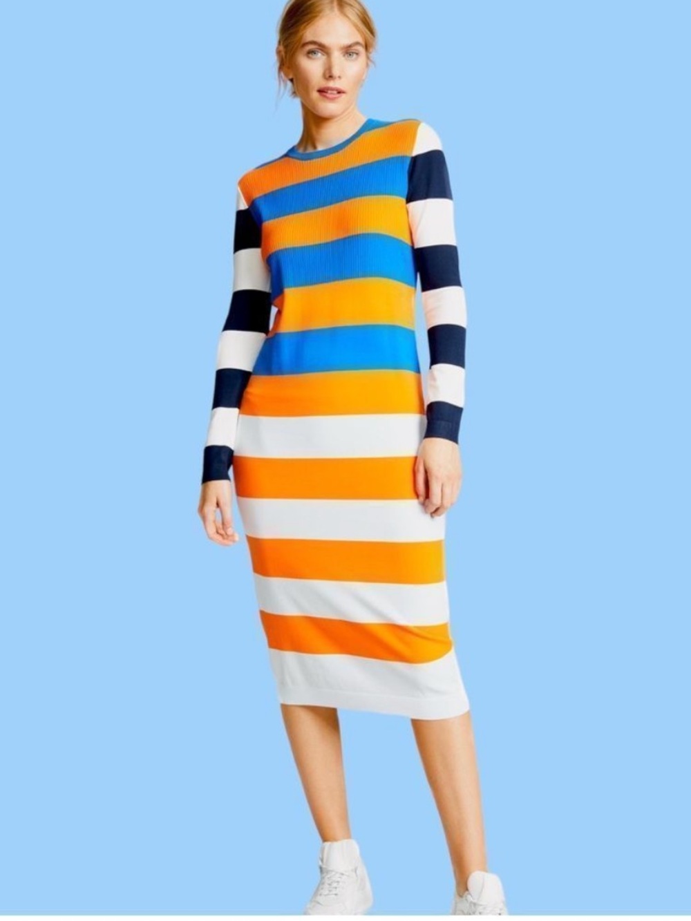 Tory Sport Broad Striped Tech Knit Midi Sweater Dress Size Large